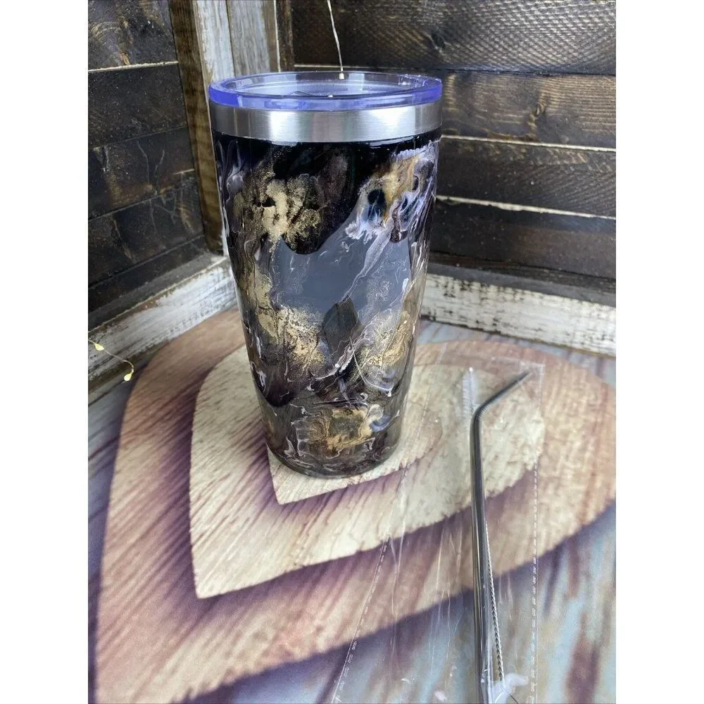 Coffee Swirl Brown Gold Epoxy Resin Tumbler 20oz Metal Straw & Brush Handmade